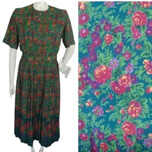 LESLIE FAY Dress, 10, Green Floral, Belt, Short Sleeves, Career, Poly, VINTAGE